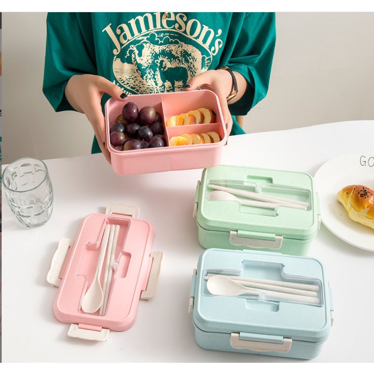 Hộp cơm văn phòng 3 ngăn kèm đũa thìa lúa mạch an toàn tiện lợi (có thể sử dụng với lò vi sóng)