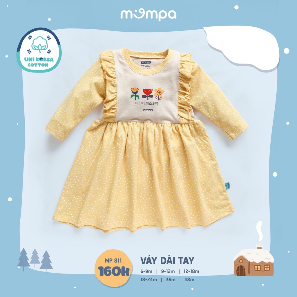 Váy bé gái dài tay Mompa 6 tháng-4 tuổi viền bèo vải Cotton mềm thu đông 811