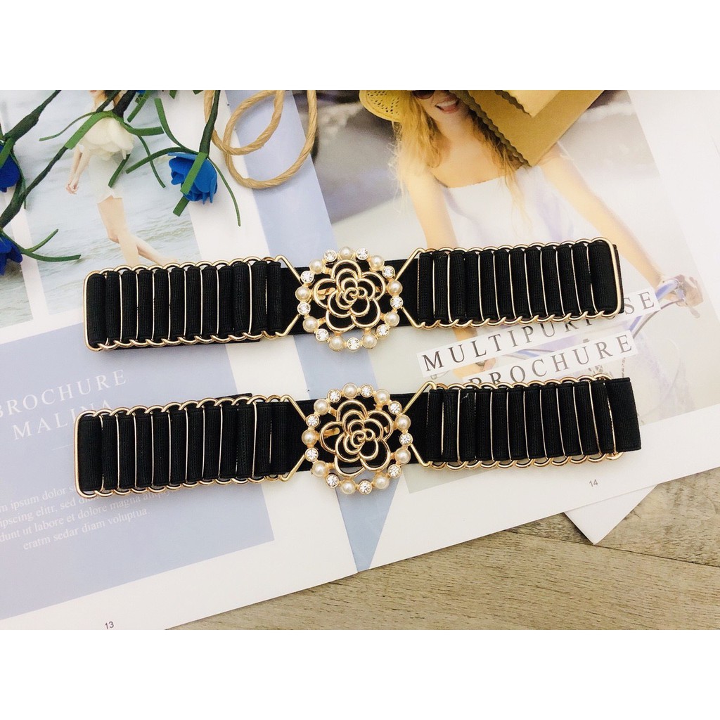 Dây nịt bản thun xếp ly hoa hồng viền hạt xung quanh cực sang chảnh bản 3cm mẫu hot