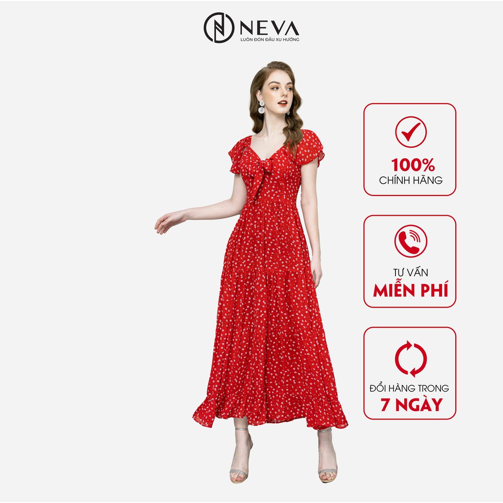 Đầm Maxi Hoa Nhí NEVA Cổ Tim Cánh Tiên Đỏ Vàng B430132