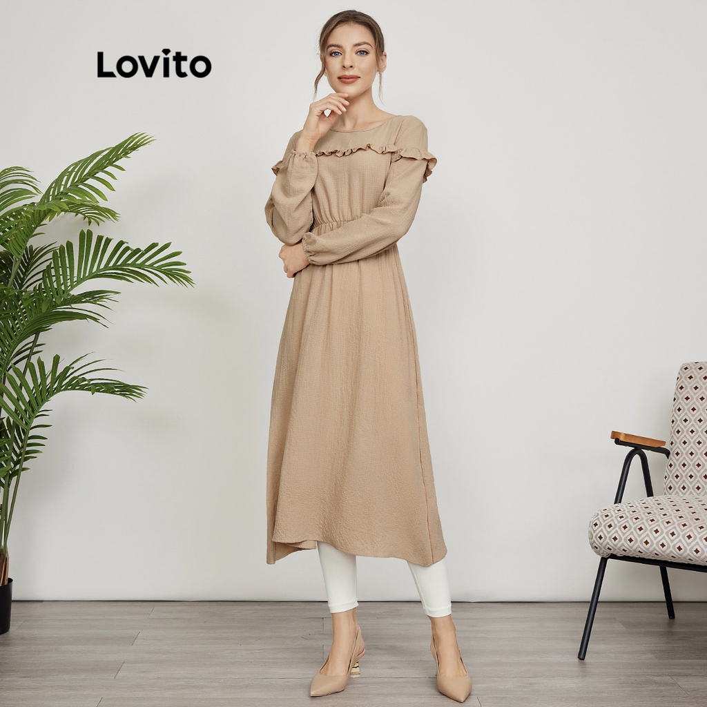 Lovito Đầm suông xếp nếp đơn giản L24ED114 (Kaki)