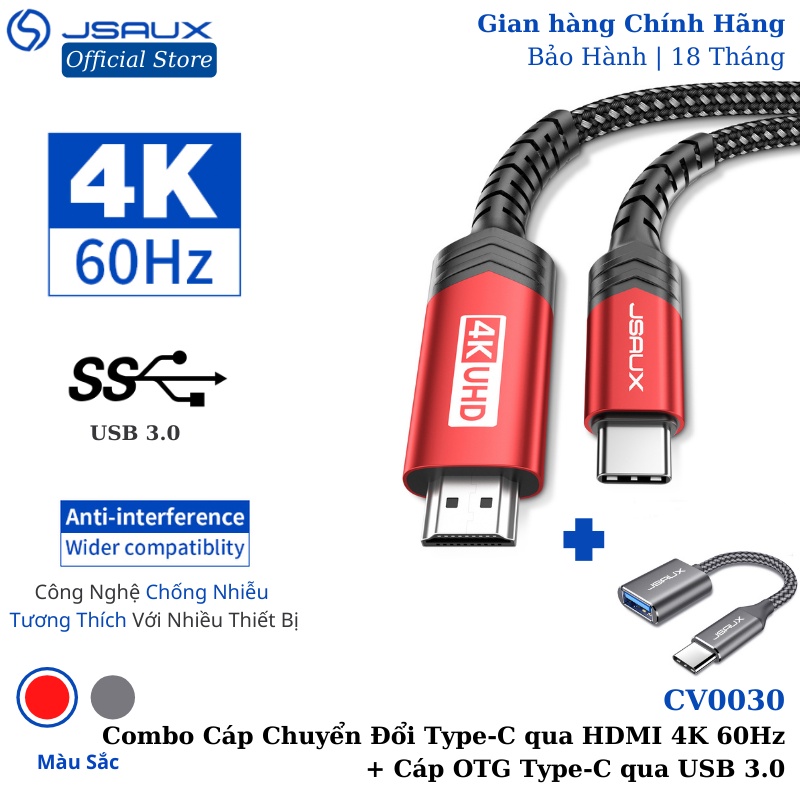 [Combo]Cáp Chuyển Đổi Type C sang HDMI CV0030 JSAUX 4K 60Hz 3M Và Cáp Chuyển Đổi Type C Sang Usb OTG 3.0 Cao Cấp CD0019