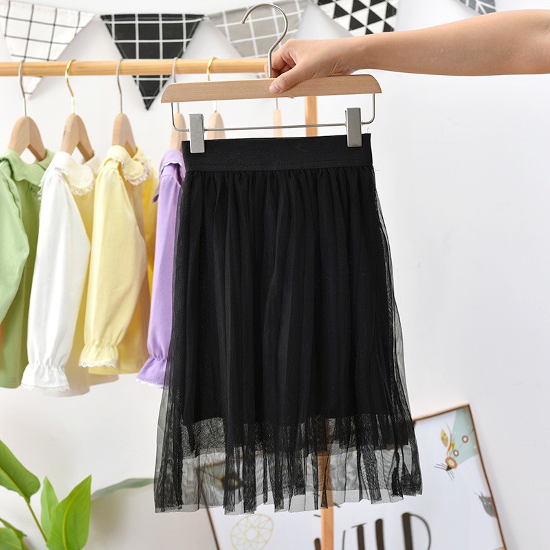 Chân váy tutu lưới xếp li màu trơn phong cách Hàn Quốc cho bé gái