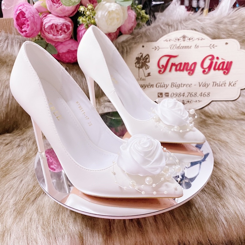 GIÀY CƯỚI THIẾT KẾ HOA HỒNG PHỐI NGỌC CÓ SẴN (là mẫu tkế thủ công vui lòng chắc chắn trước khi đặt hàng)