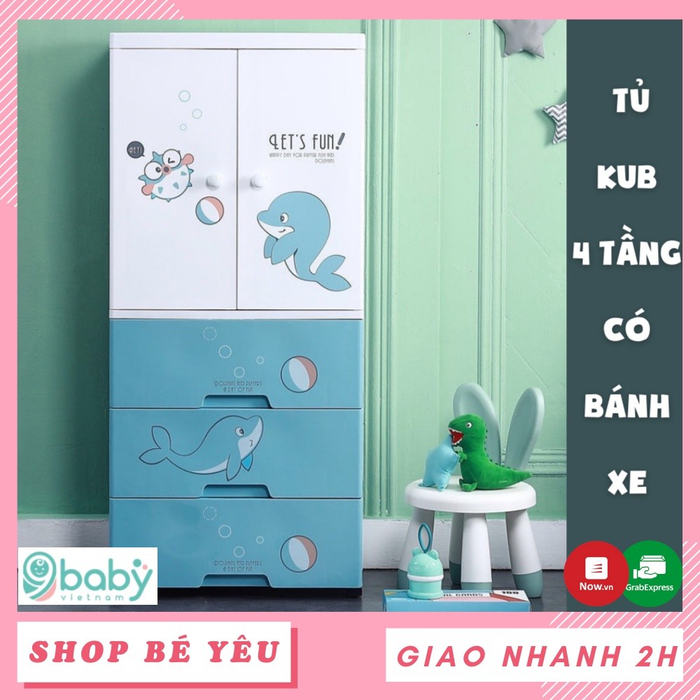 Tủ nhựa  𝑭𝒓𝒆𝒆𝒔𝒉𝒊𝒑  Tủ nhựa đa năng 4 tầng có bánh xe KUB / 9BABY bản cá heo
