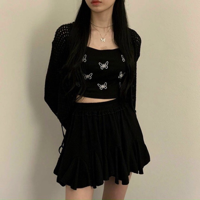 Áo bra 2 dây dáng croptop dây rút sườn hoạ tiết hình bướm có 3 màu đen, ghi, trắng nội y xanh chất đẹp