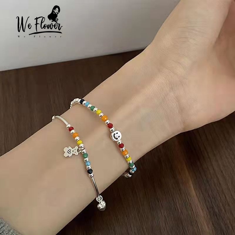 Vòng đeo tay WE FLOWER phối hạt xỏ mặt gấu hoạt hình/ mặt cười co giãn màu bạc thời trang Hàn Quốc dành cho nữ