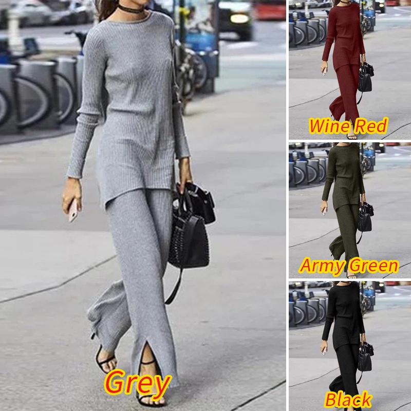 Bộ áo ZANZEA dài tay cổ tròn màu trơn và quần ống rộng đơn giản cho nữ