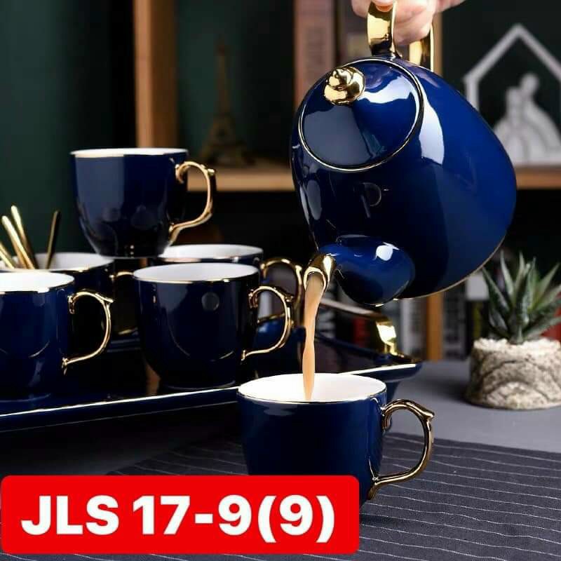 Bộ bình cốc kèm khay sứ có chân pha trà cà phê đủ màu dáng bầu mang phong cách Châu Âu sang trọng