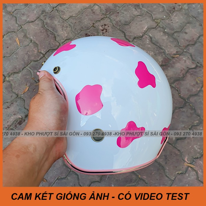 GIỐNG ẢNH -  Mũ nón bảo hiểm phượt 3/4 trắng lót hồng cho nữ kèm sticker bò sữa hồng siêu cute - nón 3/4 bò sữa hồng