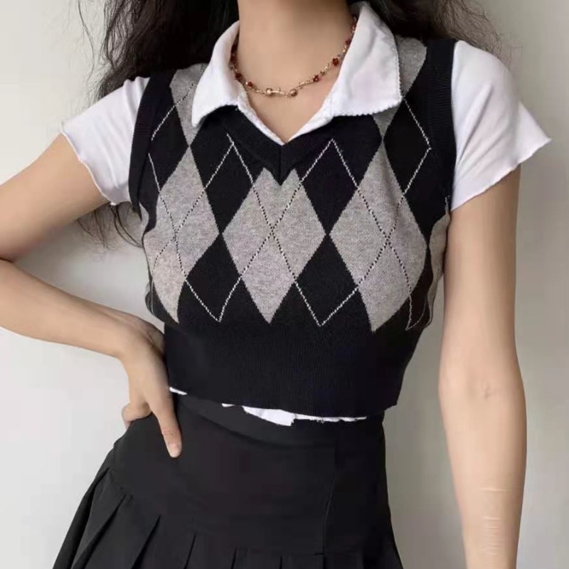 Áo Croptop Sát Nách Họa Tiết Sọc Caro Phong Cách Retro Hàn Quốc