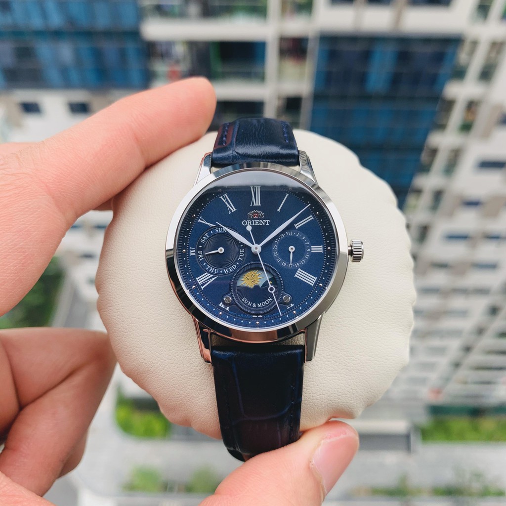 Đồng hồ Nữ chính hãng Orient Sun and Moon RA-KA0006S Mặt xanh,Lịch thứ ngày Moon Phase-Máy Pin Quartz-Dây da-Size 34mm