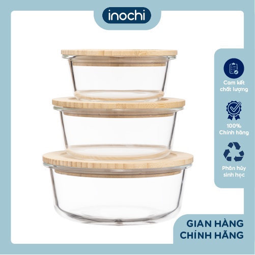 Hộp thuỷ tinh tròn nắp tre Inochi - Nikko 650ml