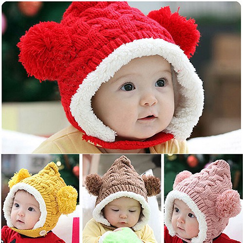 Mũ len móc thời trang giữ ấm cho bé có tai rất dễ thương
