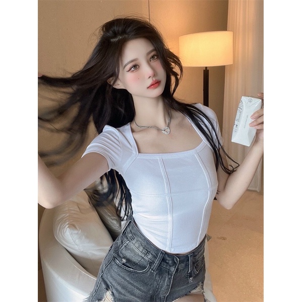 Áo thun croptop vạc bầu ngắn tay, Áo phông ngắn tay , áo thun trơn cổ vuông dáng ôm body nhiều màu freesize Gb