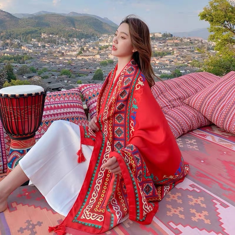 Khăn choàng in hoa văn thổ cẩm cao cấp che nắng du lịch size 90x180cm