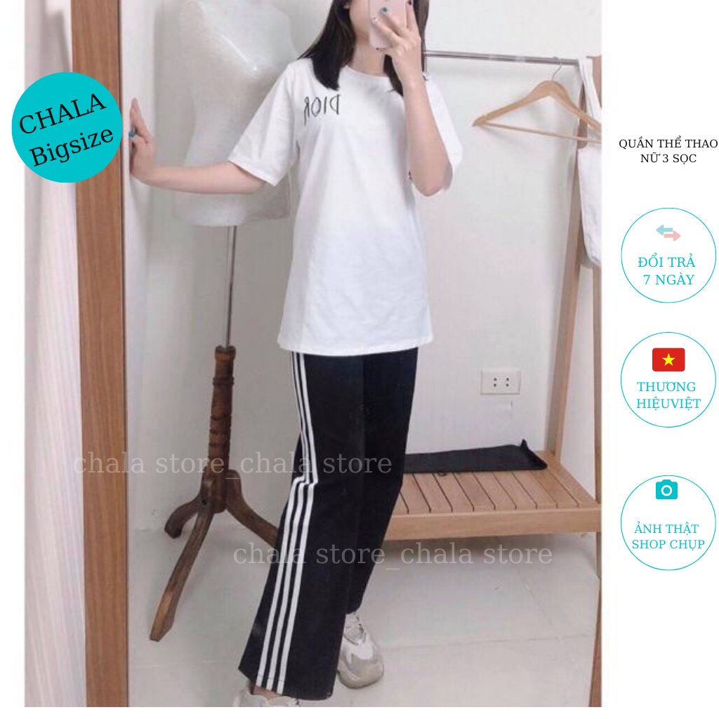 Quần Thể Thao Nữ 3 Sọc Chala, Quần Suông Ống Rộng Cạp Chun Lưng Cao Đi Làm Đi Học