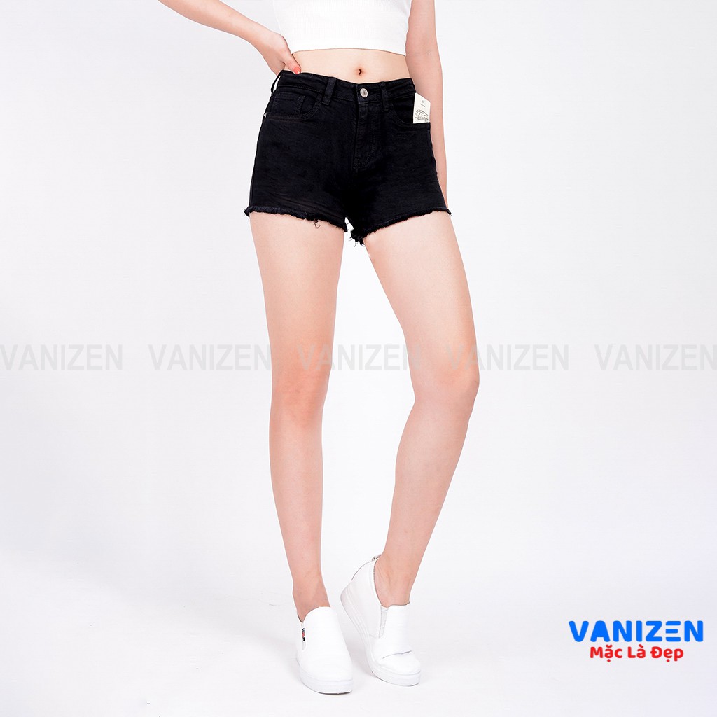Quần short jean nữ ngắn đẹp lưng cao cạp cao đen trắng trơn gấu tua rua hàng hiệu cao cấp mã 441 VANIZEN