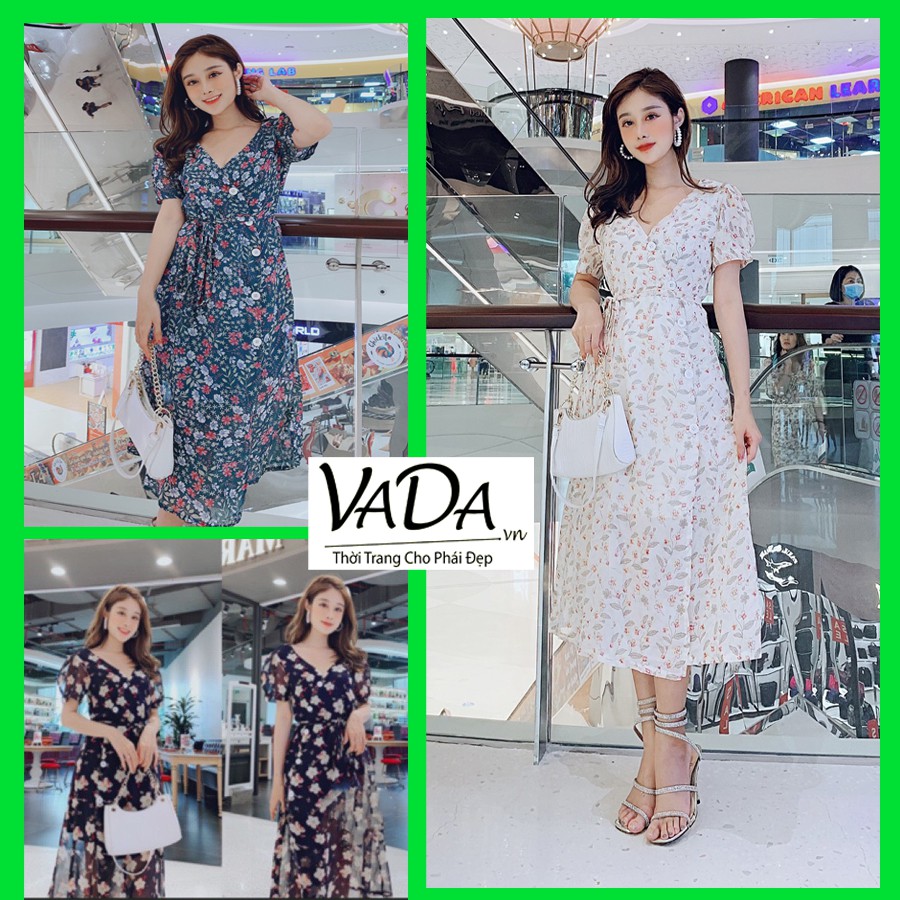 Đầm suông hoa tay con phối nút kèm dây cột so hot phù hợp đi chơi, đi dạo phố đi tiệc - Thời trang VADA (VD131)