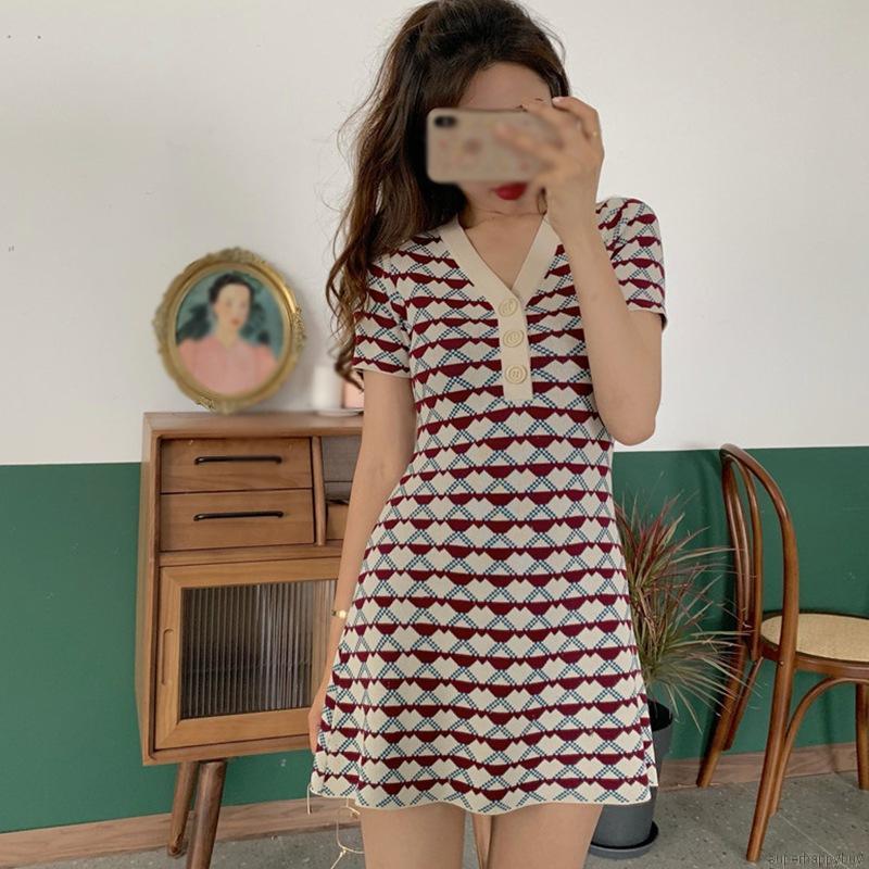 Đầm Dệt Ngắn Tay Cổ Chữ V Xinh Xắn Theo Phong Cách Retro Hàn Quốc Dành Cho Nữ