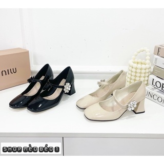 Giày cao gót miu miu quai ngang hoa đá gót vuông fullbox