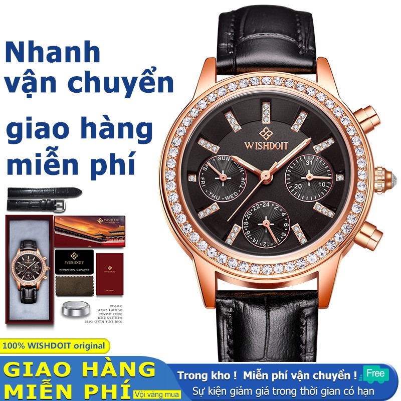 Đồng hồ WISHDOIT mặt tròn phối dây đeo bằng da thời trang dành cho nữ