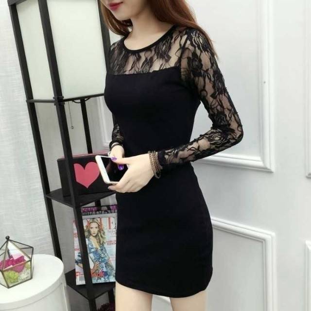 Đầm Tay Dài Cổ Tròn Phối Ren Dáng Ôm Thời Trang Xuân Thu Cho Nữ | BigBuy360 - bigbuy360.vn