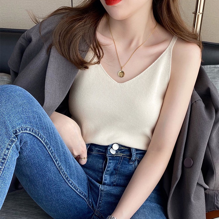 Áo dệt kim 2 dây SUXI cổ chữ V màu trơn đơn giản thời trang mùa hè cho nữ