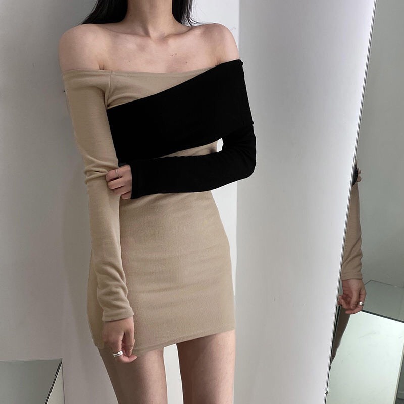 Váy dài tay ôm body 2 màu hở vai dáng ngắn thiết kế độc đáo sexy cá tính tôn dáng phong cách US UK V00047