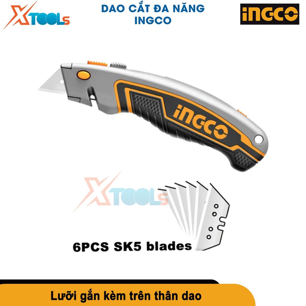 Dao cắt rọc đa năng Ingco HUK6128 Lưỡi SK5, Kích thước lưỡi dao: 61x19mm, Kèm theo 5 lưỡi [CHÍNH HÃNG][XTOOLs]