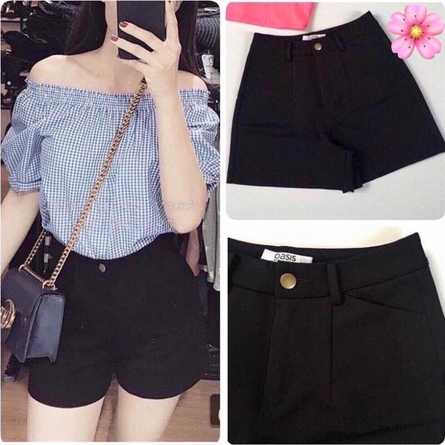 Quần sooc khuy đồng vải umi cát hàn - Short lưng cao ống rộng khoá kéo công sở nữ