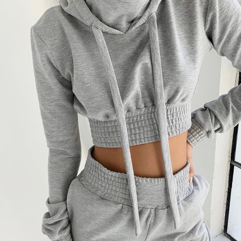 Bộ Áo Hoodie Croptop Màu Xám Nhạt Phối Quần Dài Thời Trang Mùa Thu 2019 Cho Nữ