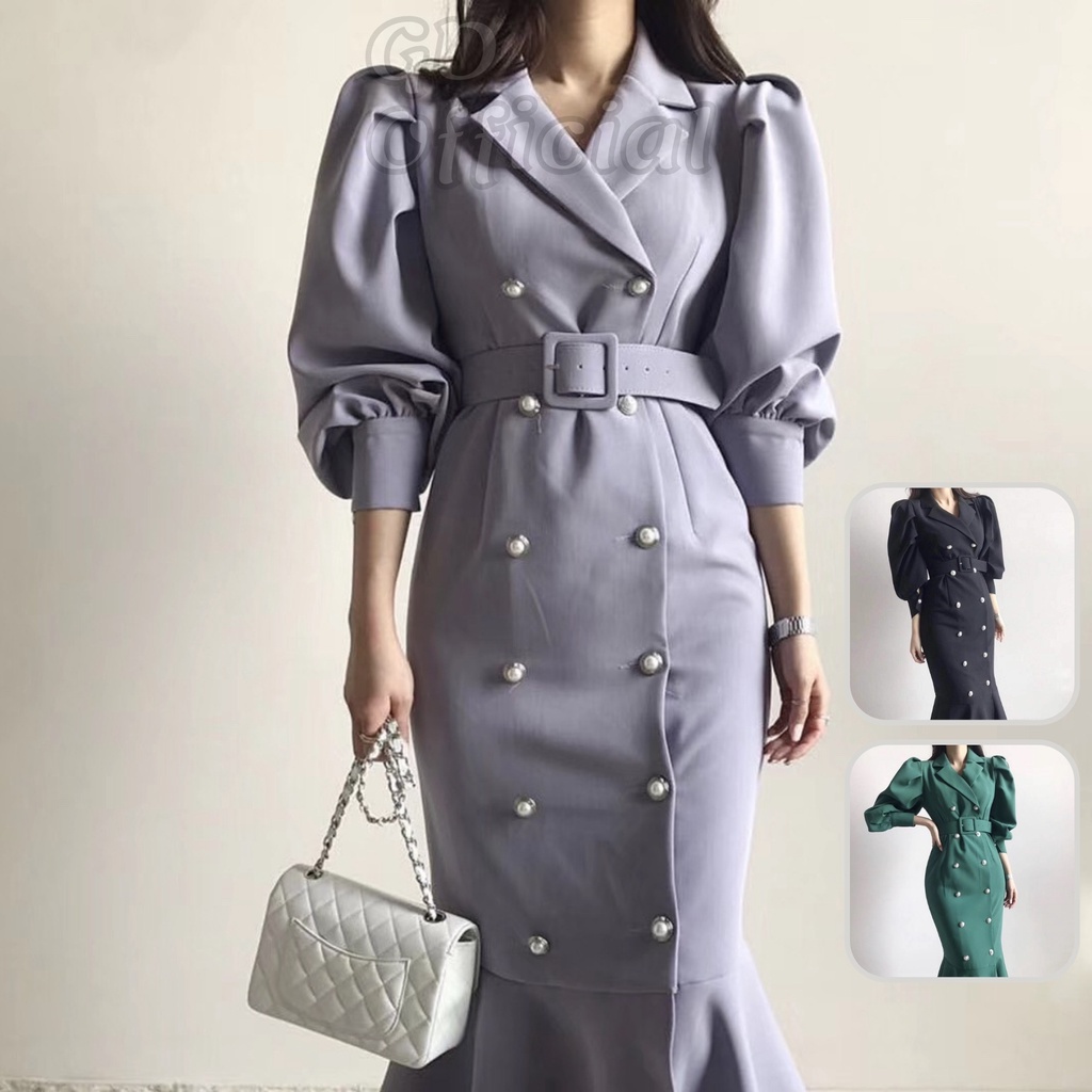 D34|Đầm nữ công sở cổ vest chữ V tay phồng kèm thắt lưng buộc eo dài dáng đuôi cá cổ điển màu xanh, tím, đen GD Official