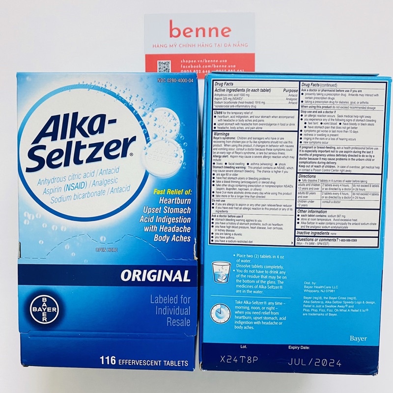 Viên sủi Alka Seltzer Orginal Flavor hỗ trợ giảm đau của Mỹ