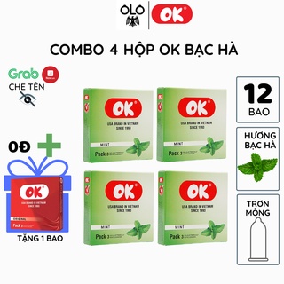 Bao cao su OK hương bạc hà combo 4 hộp 12 bao trơn không mùi từ mủ cao su tự nhiên siêu mỏng chống tuột khéo dài thời gi