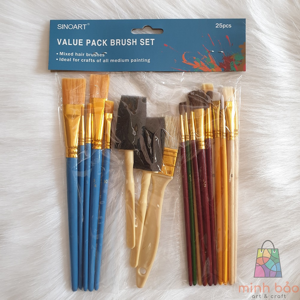 BỘ 25 CÂY CỌ VẼ GIÁ RẺ SINOART (ĐẦU CỌ ĐỦ DÁNG, PHÙ HỢP TÔ MÀU NƯỚC, ACRYLIC, SƠN DẦU...)