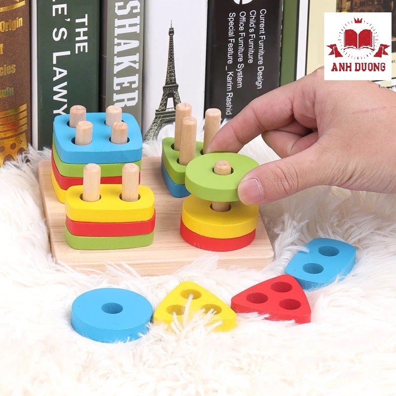 BỘ XẾP HÌNH MONTESSORI THẢ KHỐI 4 CỌC BẰNG GỖ- ĐỒ CHƠI GỖ CHO BÉ