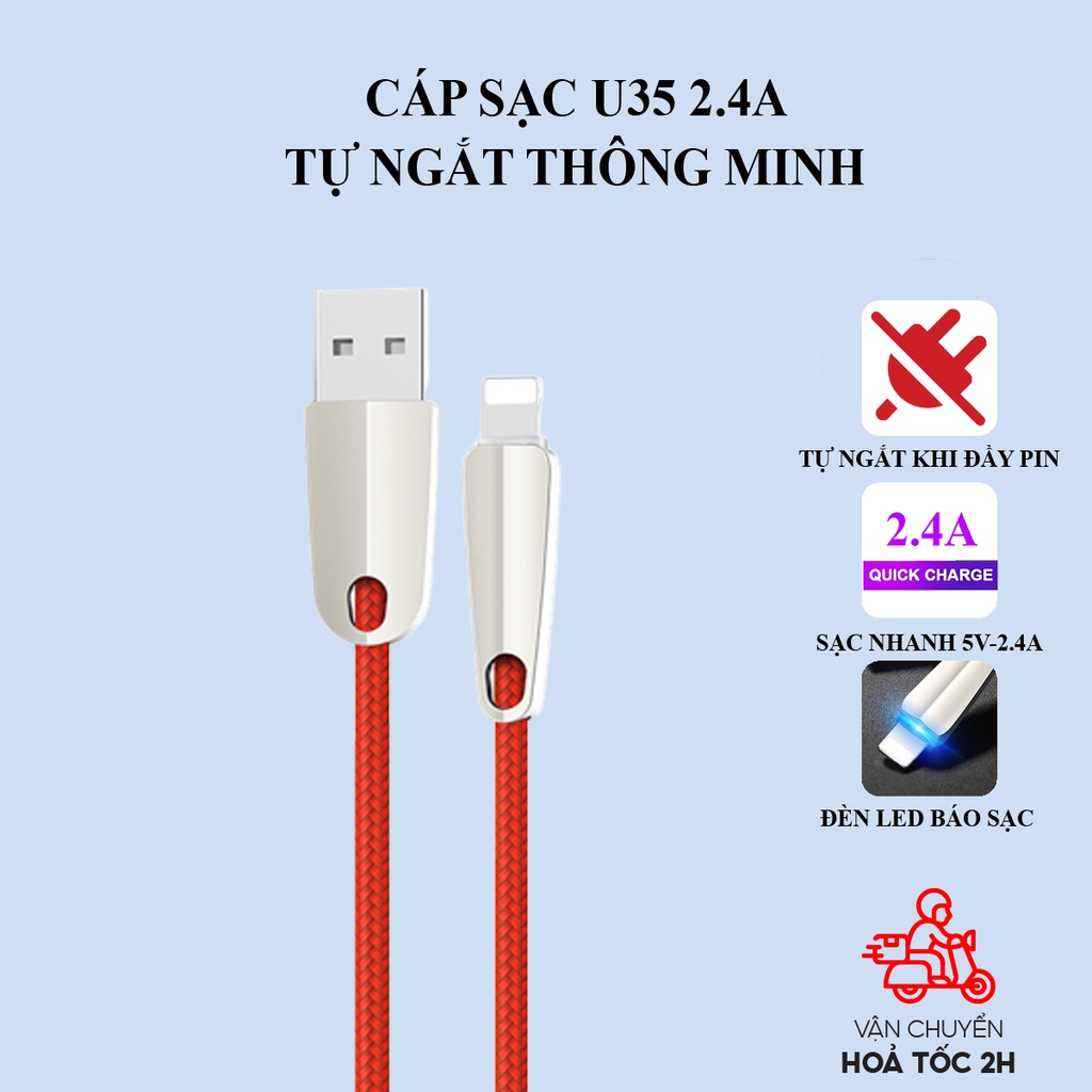 Dây sạc IP Hoco U35 có đèn tự ngắt khi đầy pin sạc nhanh IP2.4A hỗ trợ IP7,8,9,X,XSmax...