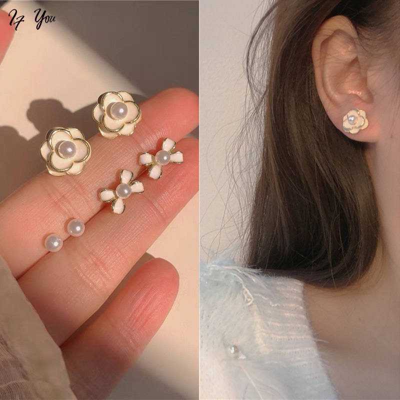 Bộ 3 cặp khuyên tai AY kiểu hoa đính ngọc trai giả thanh lịch thời trang dành cho nữ