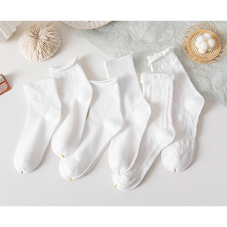 Set 6 đôi tất chân trắng nhún trơn ren bèo cao cổ lolita tiểu thư chất len đẹp nữ Hàn Quốc