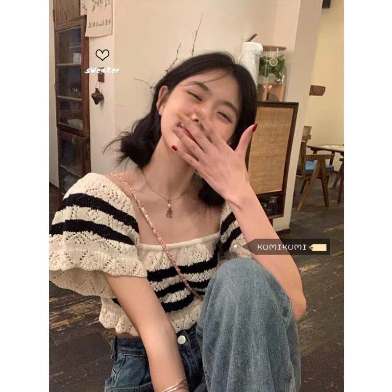 Áo dệt kim croptop  nữ Quảng châu cao cấp tay ngẵn cổ vuông phong cách Hàn Quốc quyến rũ hottrend tiktok kozoda AL14
