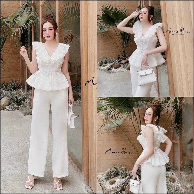 SET ÁO PEPLUM NÚT BỌC + QUẦN SUÔNG TRẮNG ( 3 Màu)