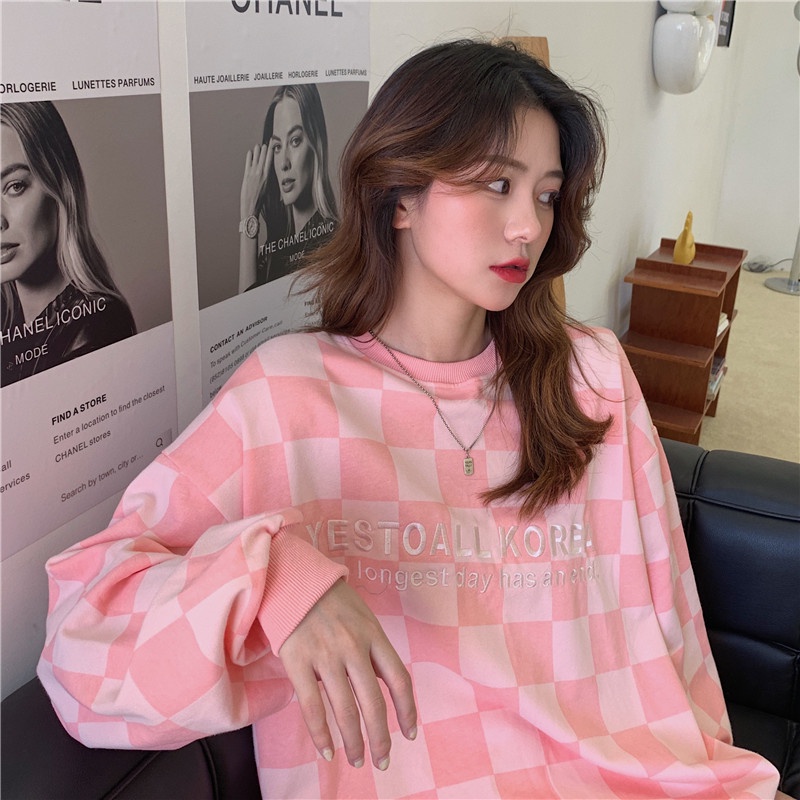 Áo sweater tay dài dáng rộng sọc ca rô phối màu sắc tương phản trẻ trung thời trang dành cho nữ | BigBuy360 - bigbuy360.vn
