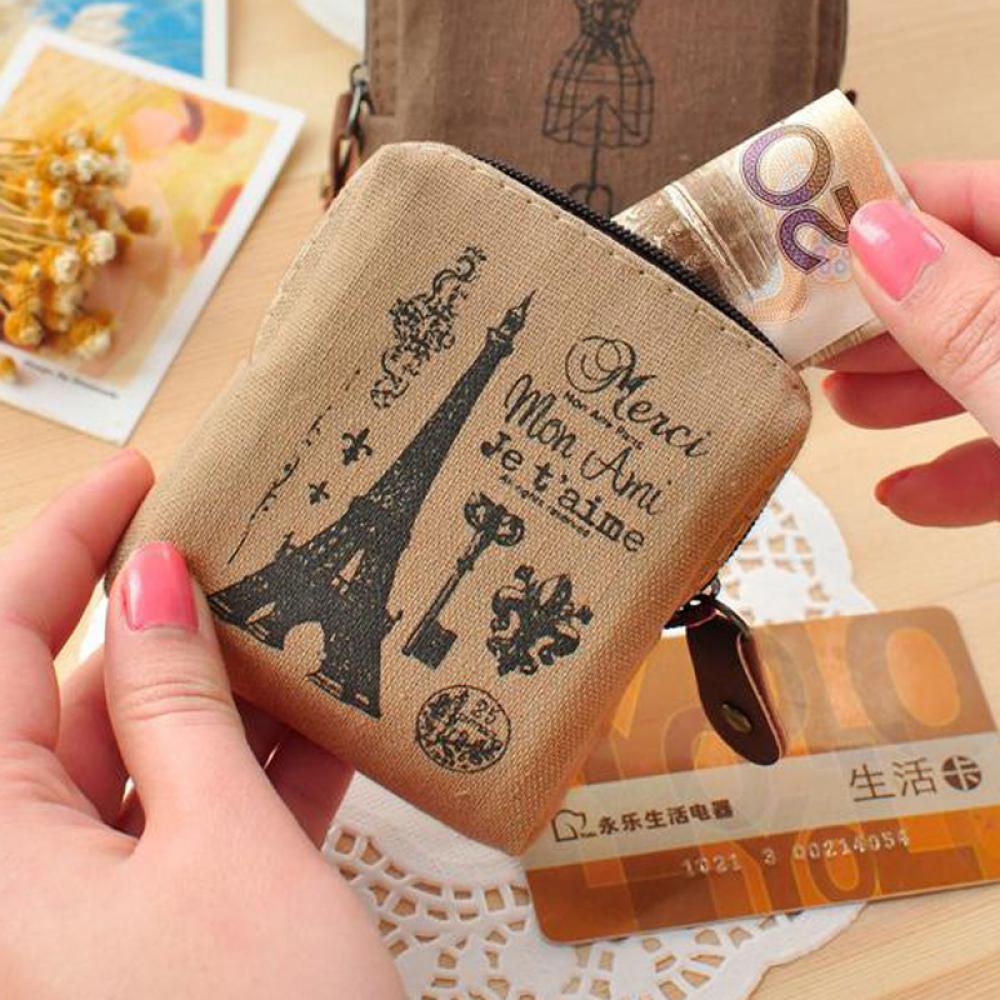 Ví đựng tiền xu bằng vải canvas mini có dây kéo phong cách cổ điển tiện lợi