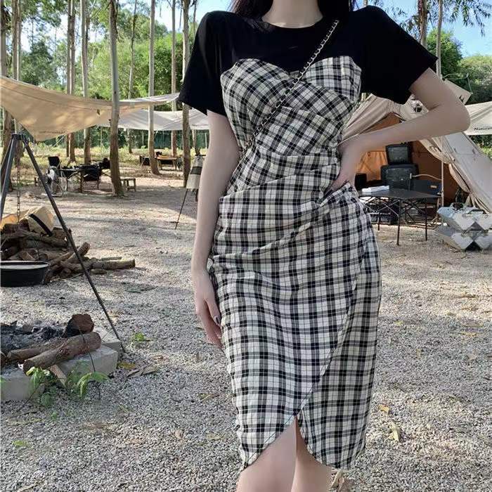 Đầm Cao Cấp Giả Hai Lớp Họa Tiết Sọc Caro Phong Cách Retro Pháp Mới