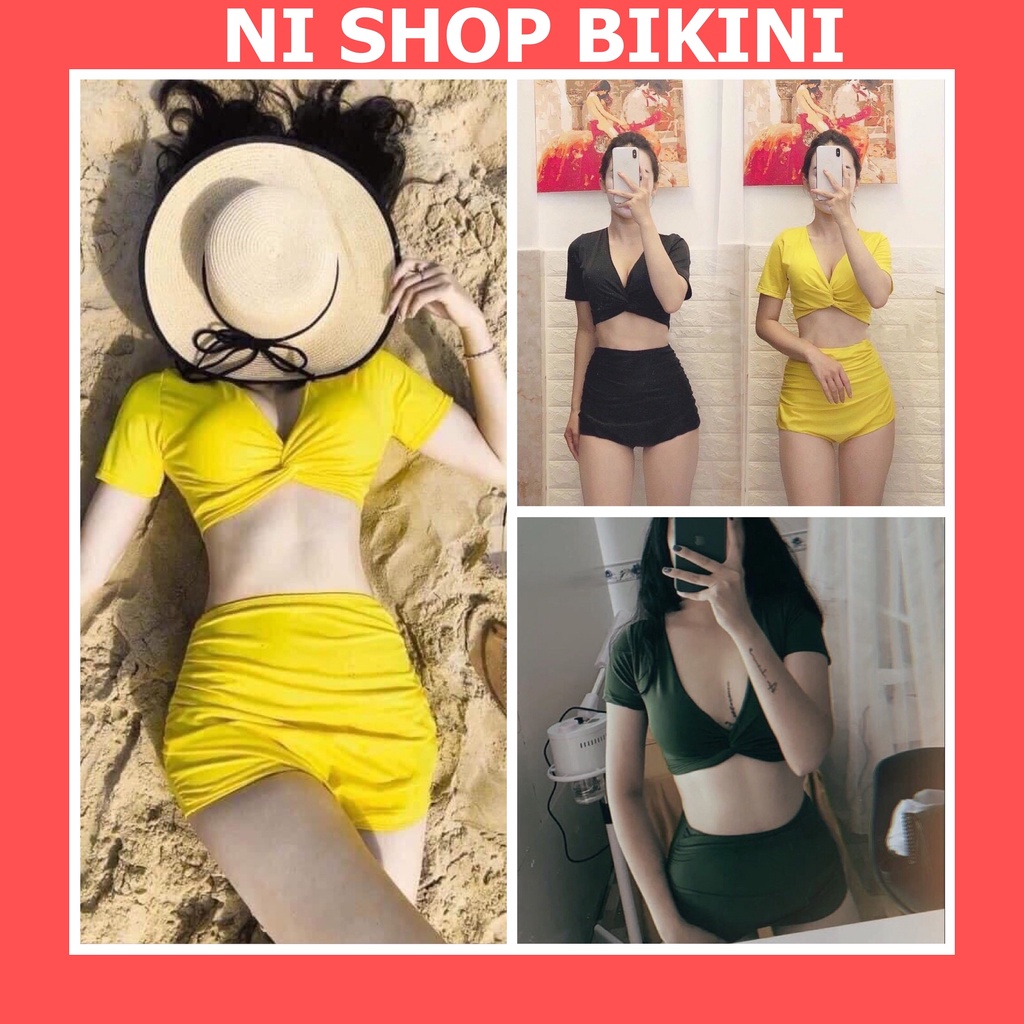 Bikini đồ bơi đi biển áo cộc xoắn bụng quần cạp cao kín đáo R09