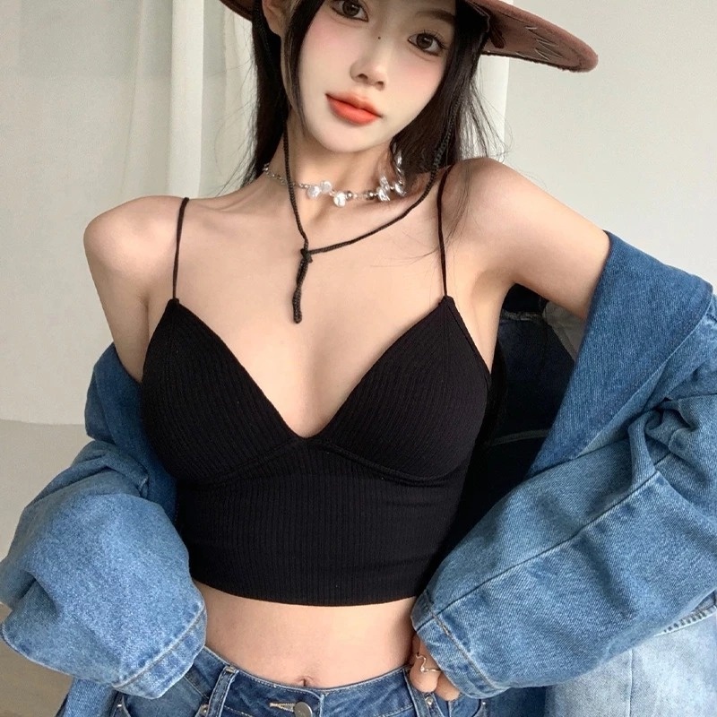 Áo Croptop Cổ Chữ V Cúp Ngực Nhỏ Ôm Ngực / Gân Không Gọng Thép Gợi Cảm Kiểu Pháp