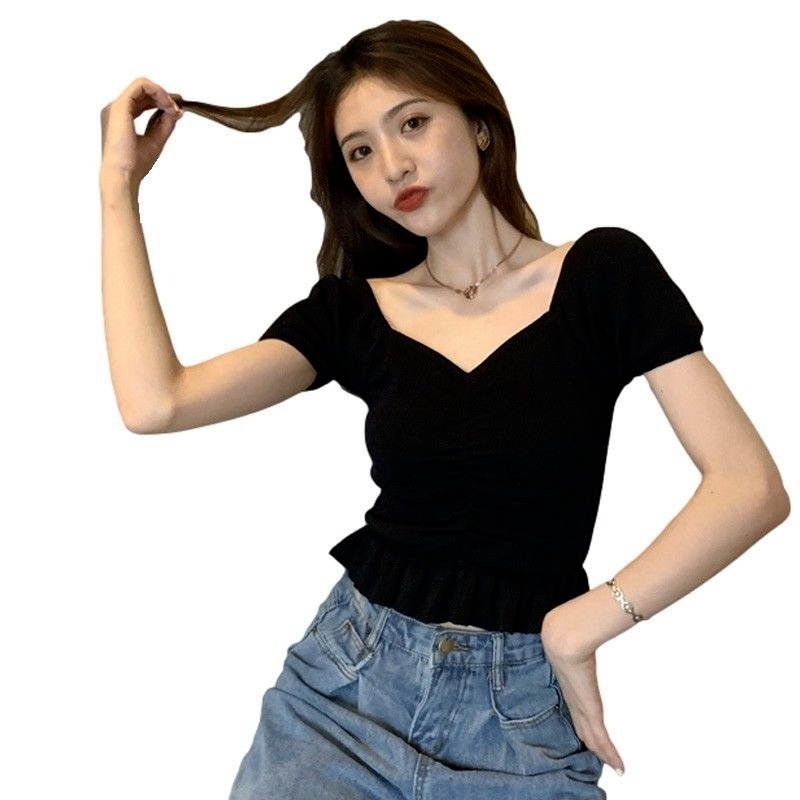 Áo Dệt Kim Ngắn Tay Cổ Vuông Trễ Vai Phong Cách Pháp Cho Nữ