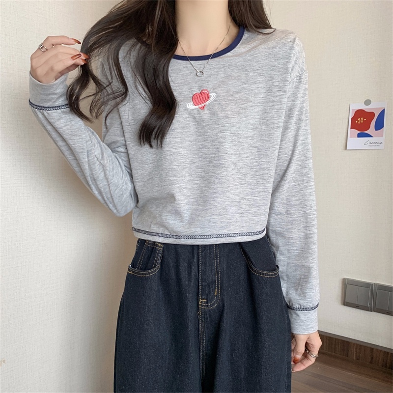 【ZHELIHANGFEI】Áo Thun Tay Dài Lưng Cao Họa Tiết Thêu Theo Phong Cách Preppy