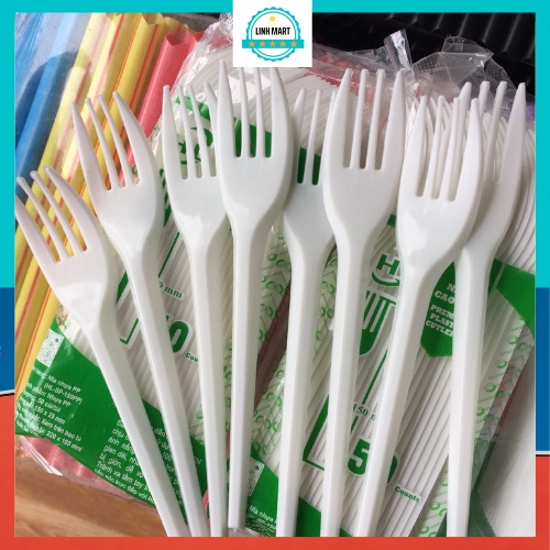 Nĩa nhựa dùng 1 lần gói 50 chiếc, dĩa nhựa trắng ăn tiện lợi LINHMART